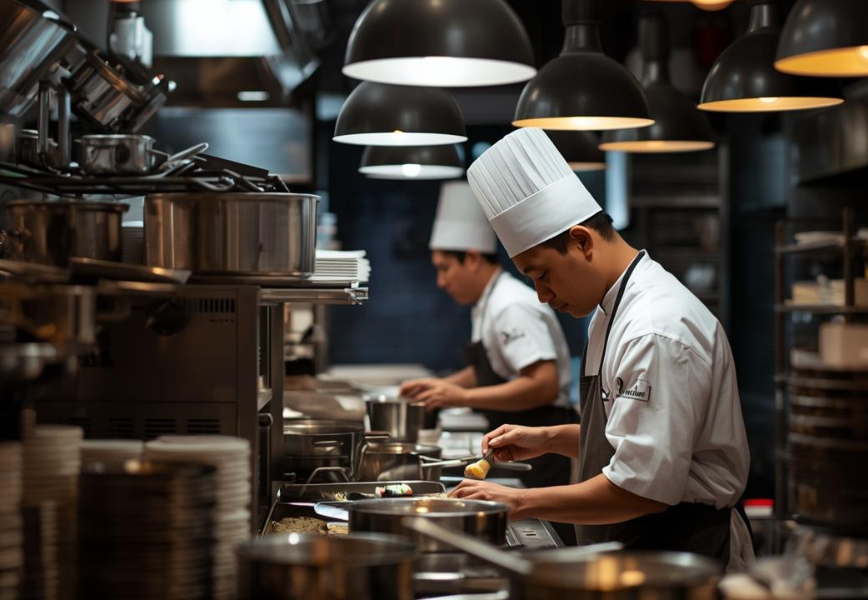 Central kitchen staff preparing food using standardized batch production processes