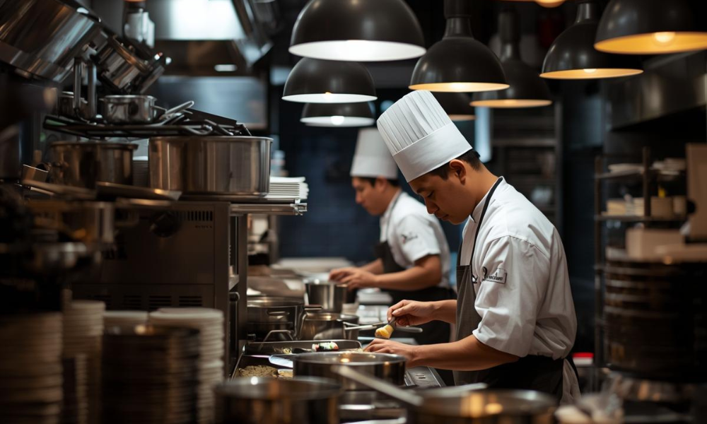Central kitchen staff preparing food using standardized batch production processes