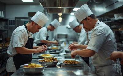 Central kitchen team managing bulk food preparation with standardized workflows supported by ERP