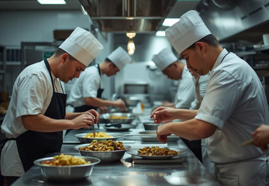 Central kitchen team managing bulk food preparation with standardized workflows supported by ERP