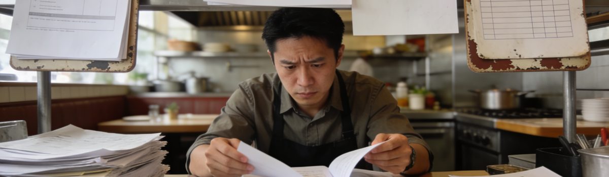 Create a realistic visual showing food compliance challenges in an F&B operation. Scene: Restaurant or central kitchen office area with stacks of paper files, printed SOPs, clipboards, and handwritten logs spread across a desk. People: Asian F&B manager looking stressed while checking documents. Mood & Problem: Overwhelmed, confusion, risk of missing compliance details. Style: Realistic documentary-style photography, modern Asian F&B setting. Restrictions: No text, no logos, no system UI, no branding.